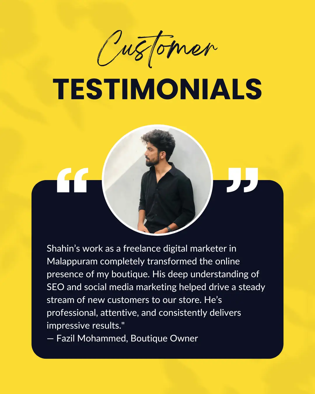 Customer Testimonial for freelance digital marketer in malappuram